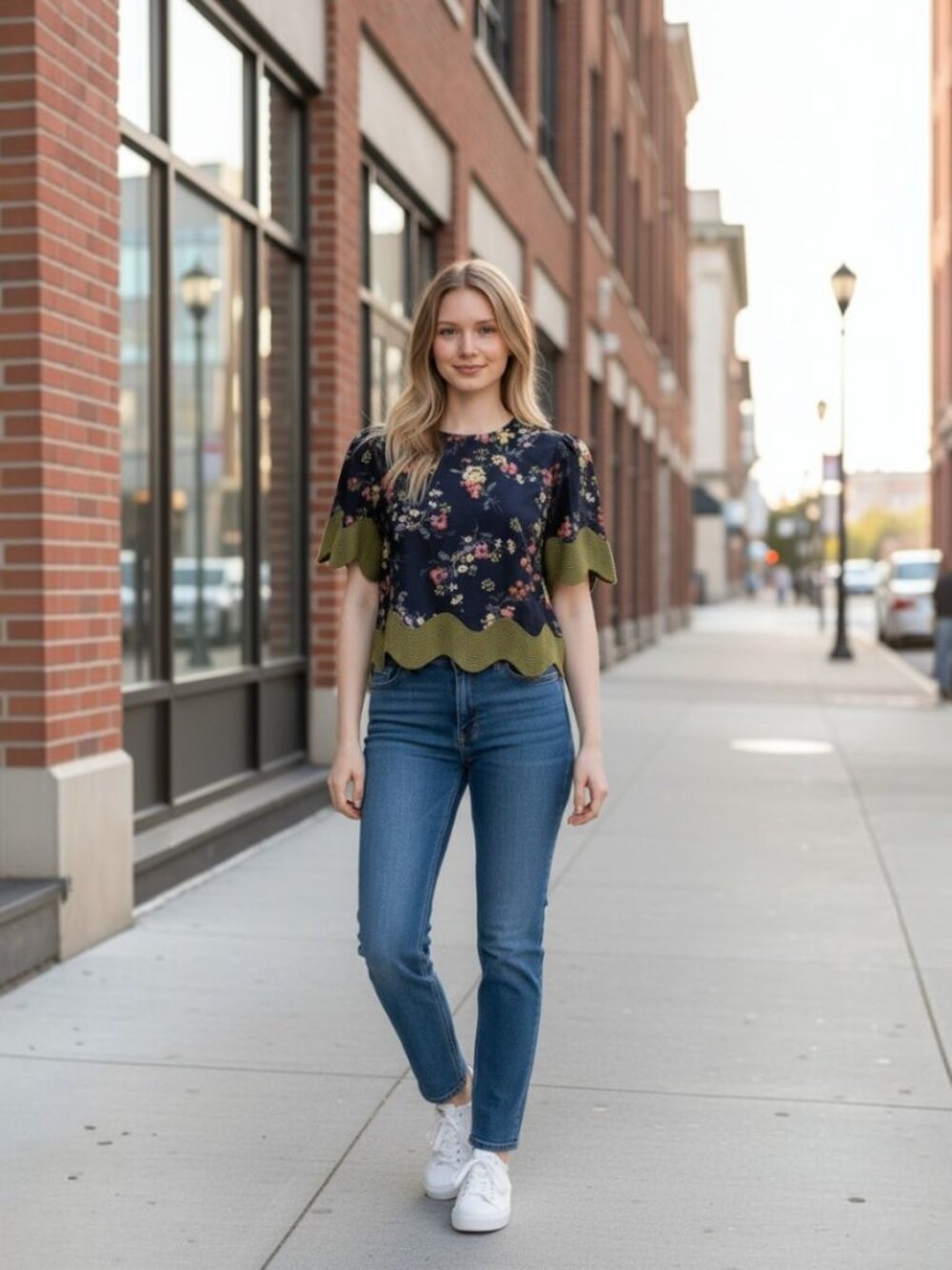Entro Floral Navy & Olive Autumn Bloom Scallop Top Size S
